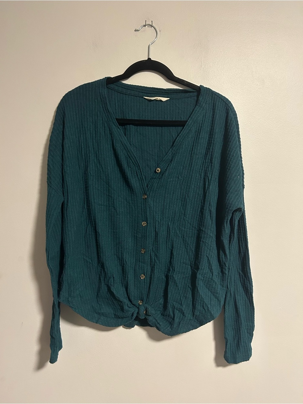 Bluenotes small dark Teal Button-Front Long Sleeve waffle knit Knot Hem Top